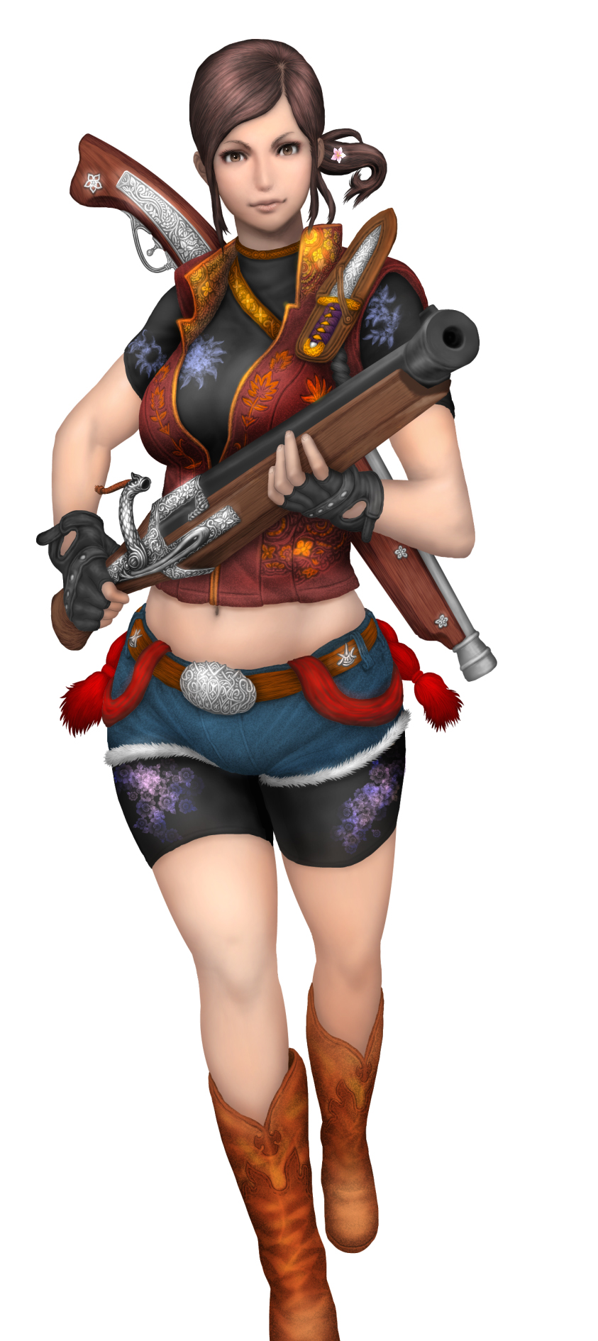 antique_firearm bike_shorts boots breasts brown_eyes brown_hair capcom claire_redfield company_connection cowboy_boots denim fingerless_gloves firearm firelock floral_print fur_trim gloves gun highres knife large_breasts lips long_hair matchlock midriff navel official_art onimusha_soul over_shoulder ponkichi_(ponkichim) ponytail popped_collar resident_evil resident_evil_2 rifle shorts simple_background solo vest weapon weapon_over_shoulder white_background