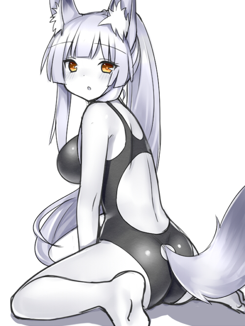 animal_ears ass back blush breasts brown_eyes hime_cut long_hair medium_breasts one-piece_swimsuit original ponytail simple_background sitting solo spot_color swimsuit tail tail_through_clothes tsukumiya_amane wariza white_background
