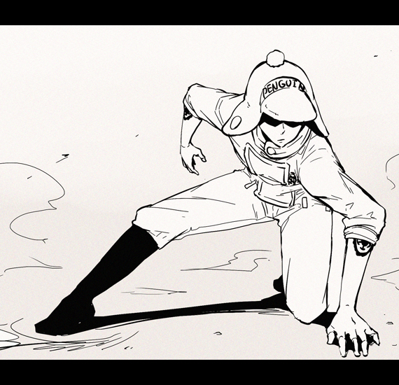 1boy boots earflap_hat fighting_stance full_body hat hat_pompom heart_pirates jumpsuit letterboxed male male_focus monochrome one_piece penguin_(one_piece) solo squatting takuhe_0410 tattoo
