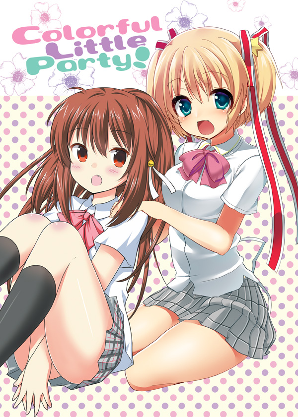 blonde_hair bow brown_hair collaboration green_eyes kamikita_komari little_busters! long_hair masayu multiple_girls natsume_rin open_mouth pink_bow ponytail red_eyes ribbon school_uniform short_hair twintails yoshikita_popuri