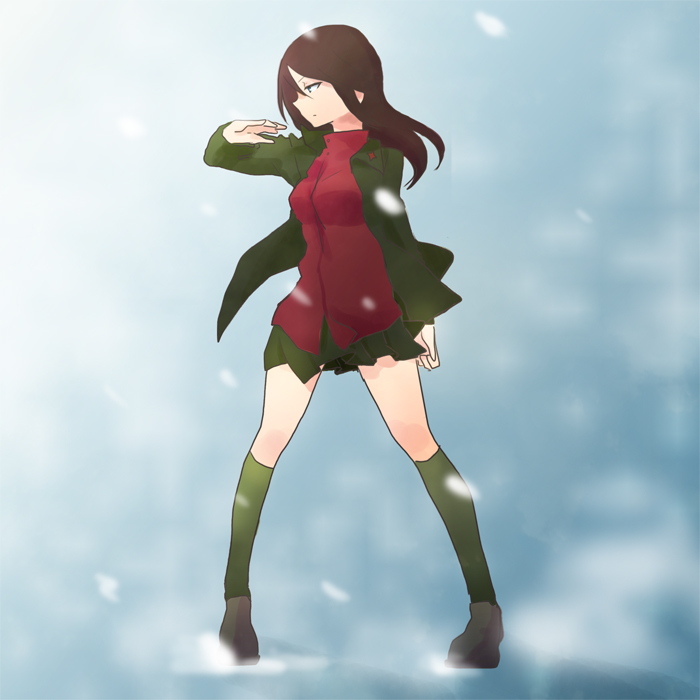 bad_id bad_pixiv_id brown_hair expressionless full_body girls_und_panzer jacket kneehighs long_hair nonna pigeon-toed pleated_skirt pointy_ears pravda_school_uniform profile skirt snow snowing solo standing ueno_yu wind