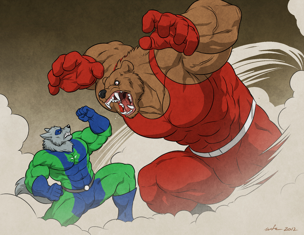 abs angry anthro bear belt biceps big_muscles black_nose boots brown_fur bulge canine clenched_teeth clothing costume fangs fight footwear fur gloves grey_fur interspecies male mammal mask muscles open_mouth pants pecs pose red_eyes saliva shirt size_difference smoke superhero teeth tight_clothing toned tongue vein wfa wolf wrestler wrestling wrestling_singlet
