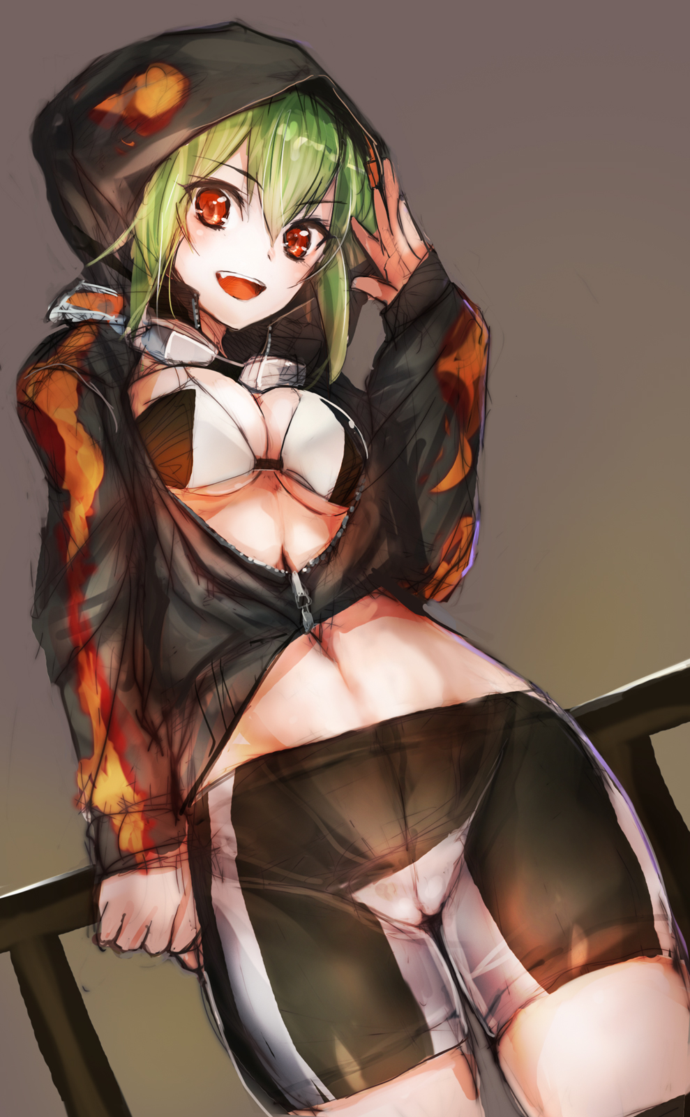 :d bike_shorts bikini_top blush breasts cameltoe cleavage digimon digimon_world_re:digitize goggles goggles_around_neck green_hair highres hood hoodie large_breasts looking_at_viewer navel open_mouth red_eyes shinomiya_rina sketch smile taishi_(picchiridou)