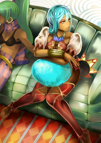 2girls aqua_hair bare_midriff belt bikini_top boots cardfight!!_vanguard cleavage_cutout couch earrings green_hair green_upholstery hair_ornament headdress jewelry jumping_glenn jumping_jill midriff multiple_girls necklace pale_moon pants ponytail scarf striped striped_scarf thigh_boots thighhighs yellow_eyes