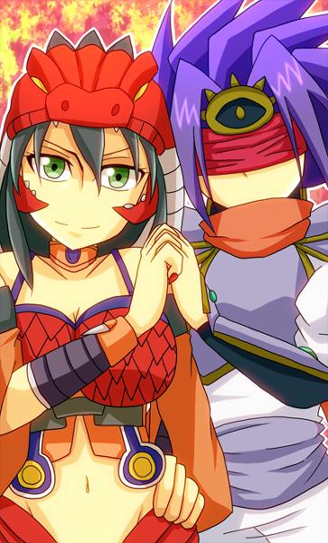 armband armor bare_midriff black_hair blindfold breasts cardfight!!_vanguard choker cleavage crossover dragon_dancer_monica headband headdress jewelry kagero knight_of_silence_gallatin long_hair looking_at_viewer midriff necklace purple_hair royal_paladin scales scarf short_hair yellow_eyes