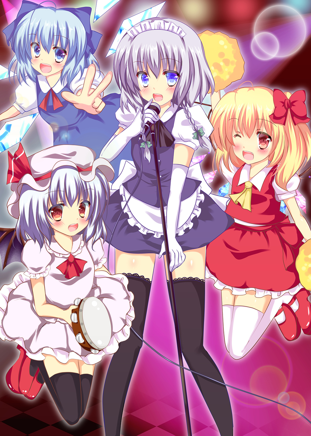 bad_id bad_pixiv_id bat_wings black_legwear blonde_hair blue_eyes blue_hair blue_skirt bow braid cirno elbow_gloves flandre_scarlet gloves hair_bow hair_ribbon hat highres instrument izayoi_sakuya maid maid_headdress mary_janes microphone microphone_stand multiple_girls no_headwear one_eye_closed open_mouth pom_poms red_eyes remilia_scarlet ribbon rikatan shoes short_hair side_ponytail silver_hair skirt skirt_set smile tambourine thighhighs touhou twin_braids wings