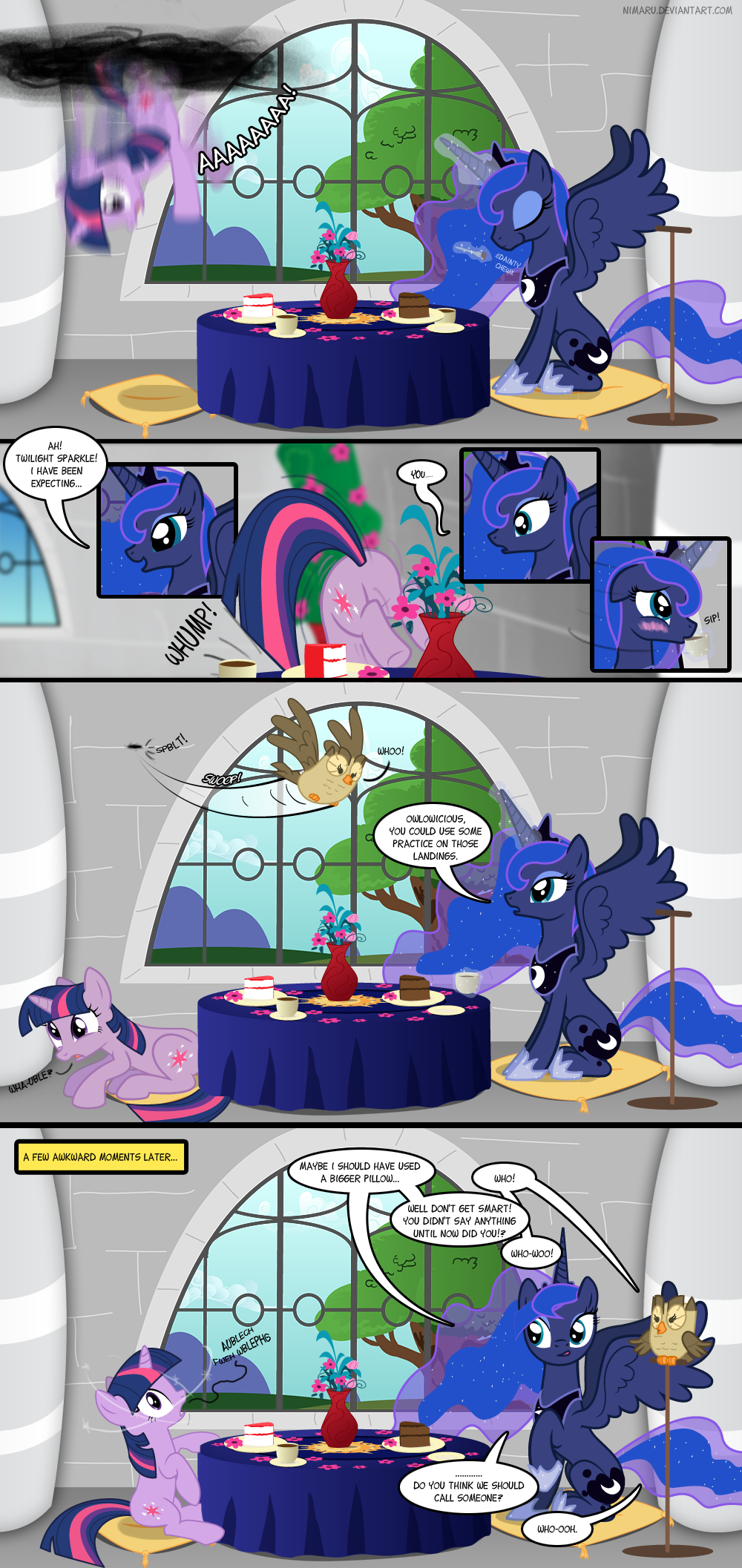 blue_eyes blush cake cloud comic crown cup dialog english_text equine fase female feral flower food friendship_is_magic horn horse mammal my_little_pony necklace nimaru owlowiscious_(mlp) pony portal princess_luna_(mlp) purple_eyes sitting sky sparkles table tea text tree twilight_sparkle_(mlp) vase winged_unicorn wings