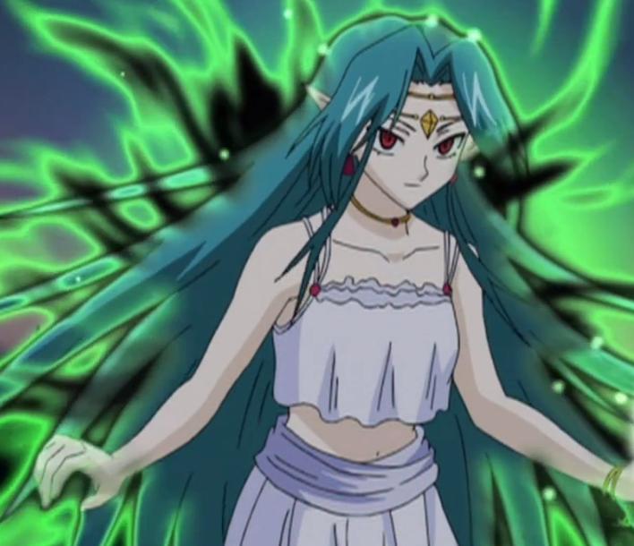 bare_midriff cardfight!!_vanguard dark_irregulars demon_eater green_hair headband jewelry long_hair midriff necklace red_eyes skirt