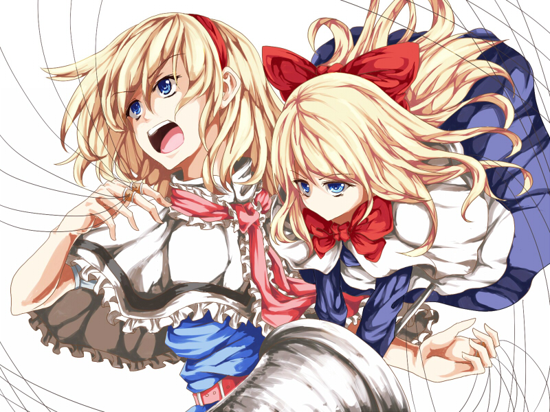 alice_margatroid atami blonde_hair blue_dress blue_eyes bow capelet dress hair_bow hairband long_hair open_mouth puppet_rings puppet_strings ribbon shanghai_doll short_hair solo touhou upper_body