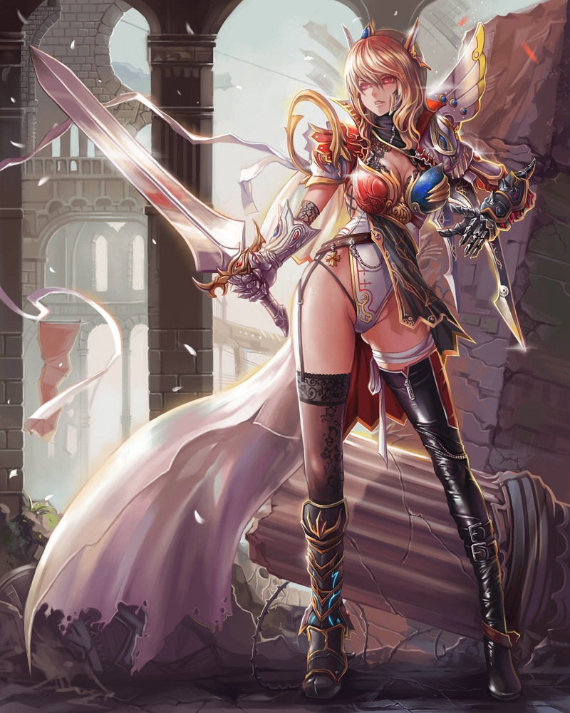 armor asymmetrical_clothes bandages banned_artist black_legwear blonde_hair breasts castle cleavage copyright_request full_body garter_straps gauntlets lace lace-trimmed_thighhighs large_breasts legs red_eyes solo standing sword thighhighs thighs weapon yinan_cui