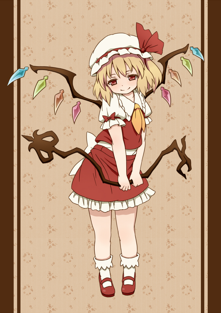 blonde_hair flandre_scarlet half-closed_eyes hat hat_ribbon laevatein looking_at_viewer mary_janes mob_cap monmonga neckerchief red_eyes red_footwear ribbon shirt shoes side_ponytail skirt skirt_set smile solo touhou v_arms vest wings