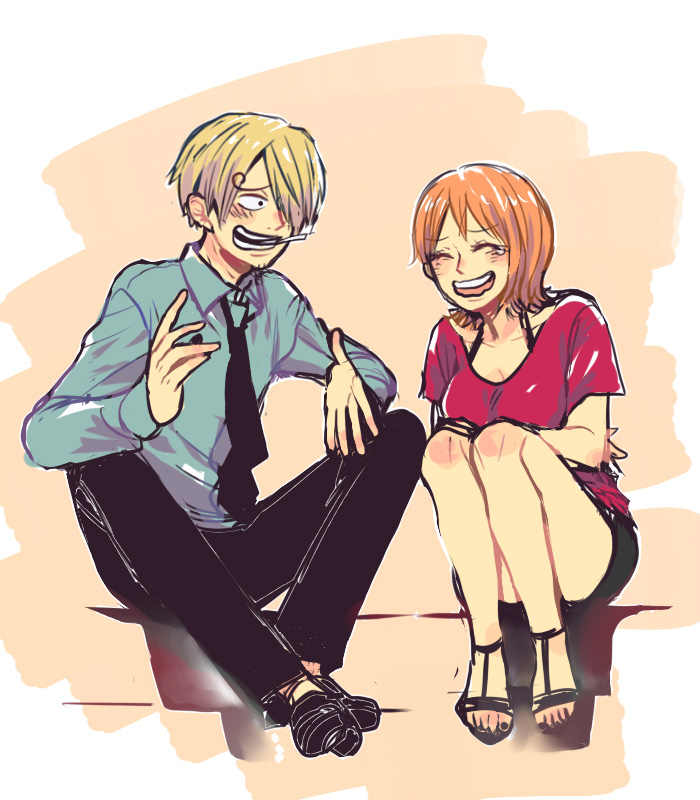 1boy 1girl black_shoes blonde_hair collared_shirt duo hair_over_one_eye koga_(artist) nami nami_(one_piece) necktie one_piece orange_hair sandals sanji shirt shoes shorts sitting