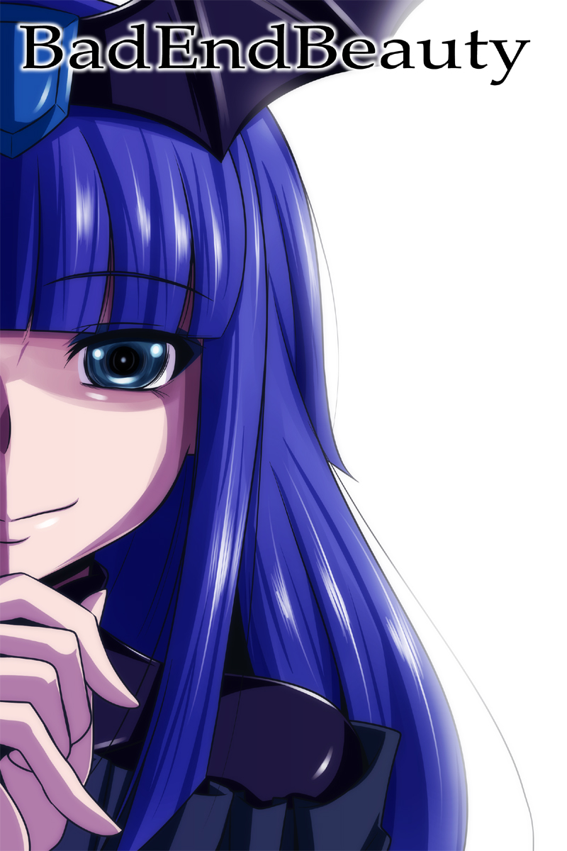 bad_end_beauty bad_end_precure bloom blue_eyes blue_hair character_name dark_persona hair_ornament highres long_hair magical_girl nishi_koutarou out_of_frame portrait precure simple_background smile_precure! solo white_background