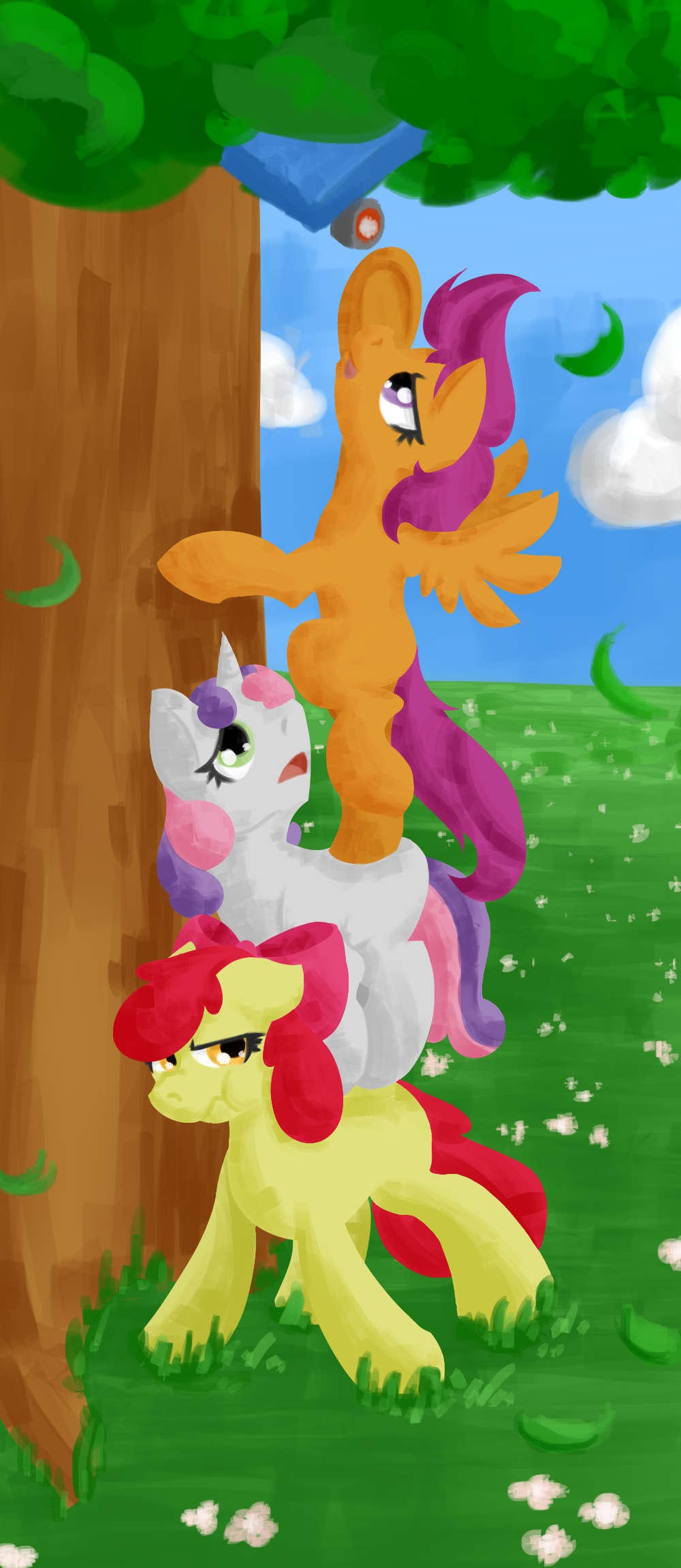 amber_eyes apple_bloom_(mlp) bow cloud cub cutie_mark_crusaders_(mlp) equine female feral friendship_is_magic geomancing grass green_eyes group hair horn horse mammal my_little_pony outside pegasus pony purple_eyes purple_hair red_hair scootaloo_(mlp) scooter sky sweetie_belle_(mlp) tree unicorn wings young