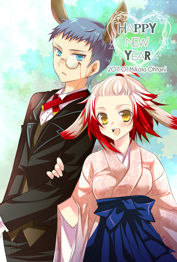 1girl 2011 animal_ears bad_id bad_pixiv_id blue_eyes blue_hair blush bunny_ears formal happy_new_year high_ponytail hubert_ozwell japanese_clothes kimono monocle multicolored_hair new_year pascal red_hair short_hair smile suit sumomo_(peach-breath) tales_of_(series) tales_of_graces two-tone_hair white_hair yellow_eyes