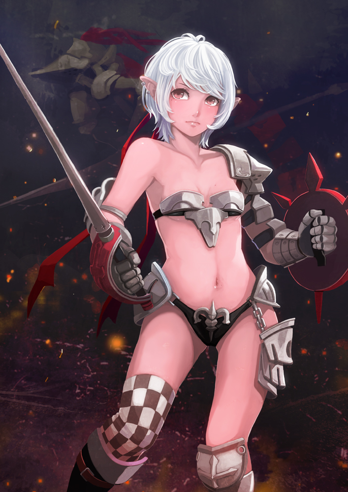 armor bikini_armor breasts brown_eyes earrings elrowa gauntlets greaves jewelry navel original pointy_ears shield short_hair single_thighhigh small_breasts solo sword thighhighs weapon white_hair