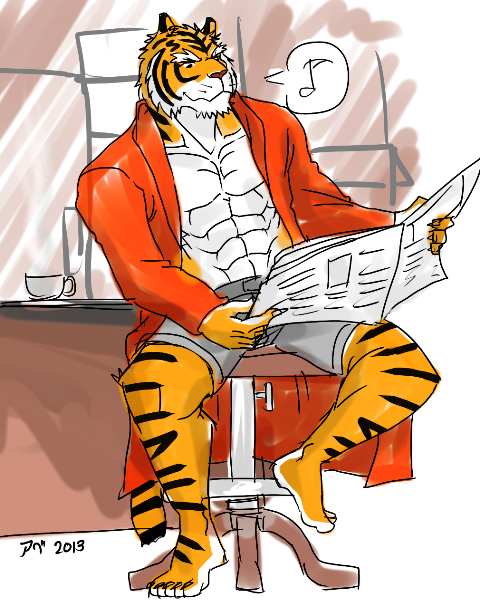 abs anthro biceps big_muscles black_eyes black_fur body_markings boxers clothing feline fur grin hentist male mammal markings muscles newspaper open_shirt orange_fur pecs pink_nose pose reading robe shirt sitting smile solo stripes tiger toned topless toragami_gaou underwear whiskers white_fur