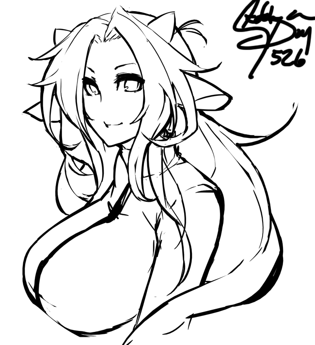 animal_ears borrowed_character breasts cow_ears cow_girl cow_horns ego_trigger eu03 greyscale horns huge_breasts long_hair mattie_(ego_trigger) monochrome original sketch smile solo upper_body