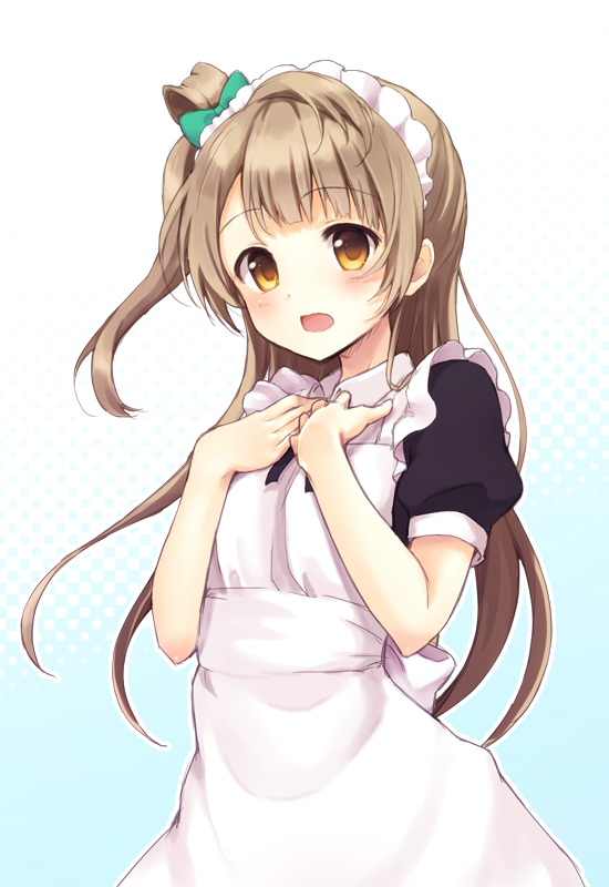 apron bow brown_eyes brown_hair hair_bow halftone halftone_background hands_on_own_chest long_hair love_live! love_live!_school_idol_project maid maid_headdress minami_kotori one_side_up open_mouth rimo solo wonder_zone