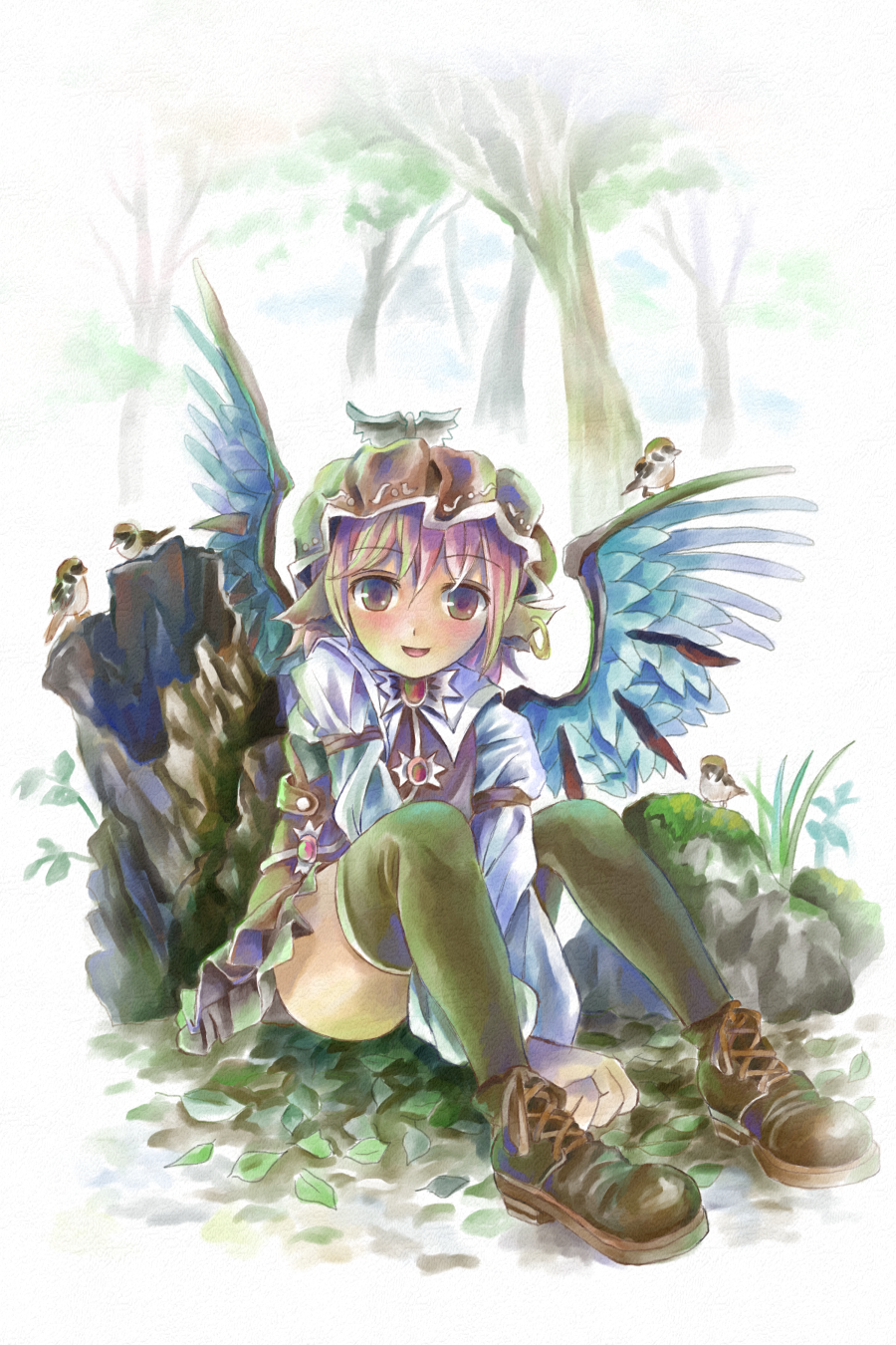 animal animal_ears bad_id bad_pixiv_id bird black_legwear boots cross-laced_footwear eurasian_tree_sparrow hat highres lace-up_boots looking_at_viewer mystia_lorelei nagayo open_mouth outdoors pink_hair short_hair sitting smile solo sparrow thighhighs touhou tree tree_stump v_arms wings