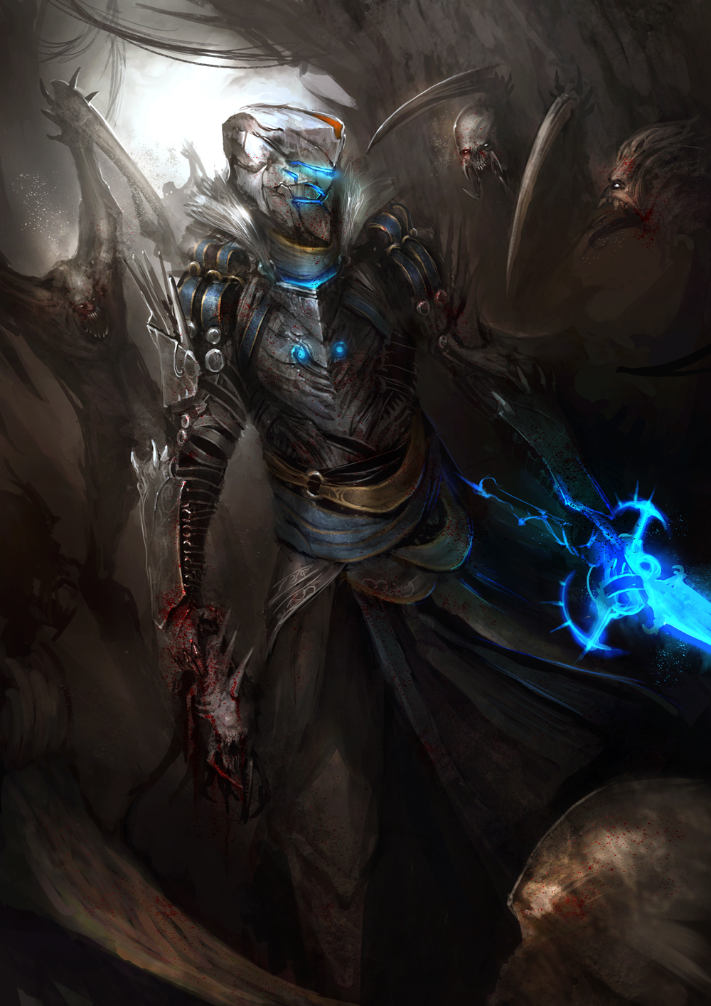 armor blood breastplate daniel_kamarudin dead_space dead_space_3 full_armor glowing glowing_eyes glowing_weapon helm helmet highres holding isaac_clarke knight medieval monster necromorph open_mouth puffy_sleeves severed_head shoulder_pads surrounded sword vambraces weapon