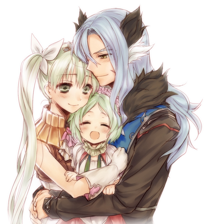 2girls :d ^_^ animal_ears bangs blue_hair blush closed_eyes couple diras family father_and_daughter flower forked_eyebrows frey_(rune_factory) fur_trim gloves green_hair hair_between_eyes hair_flower hair_ornament hair_ribbon happy horse horse_boy horse_ears hug long_hair long_sleeves luna_(rune_factory) mother_and_daughter multiple_girls open_mouth parted_bangs ribbon rune_factory rune_factory_4 simple_background sleeveless smile thick_eyebrows tiara twintails utsugi_(skydream) white_background white_gloves