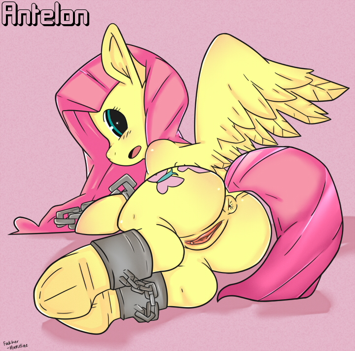 anus butt equine female feral fluttershy_(mlp) friendship_is_magic horse looking_at_viewer looking_back lying mammal my_little_pony nude on_side open_mouth pegasus pony presenting presenting_hindquarters presenting_pussy pussy shackles solo wings