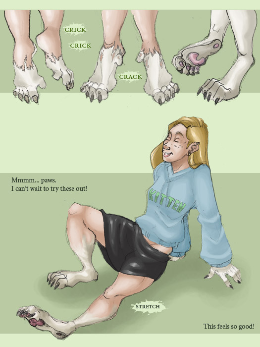 4_toes angrboda cat claws comic digitigrade english_text eyes_closed feline female green_background hindpaw mammal pawpads paws plain_background soles solo text toes transformation