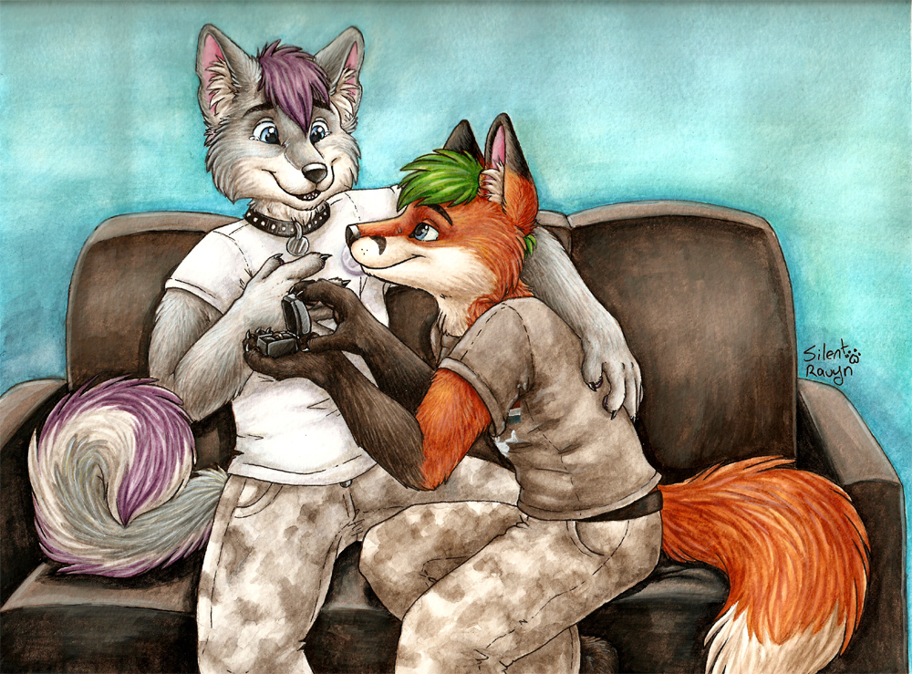 canine duo fox fur gay green_hair grey_fur hair male mammal orange_fur proposal silentravyn sofa wolf