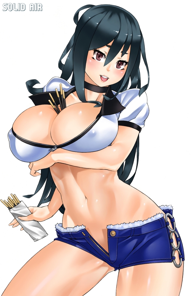 aithne_(khalitzburg) between_breasts black_hair breast_hold breasts brown_eyes choker crop_top crossed_arms denim denim_shorts food large_breasts long_hair navel no_panties o-ring o-ring_bottom original pocky short_shorts shorts simple_background smile solo unzipped white_background zipper zonda_(solid_air)