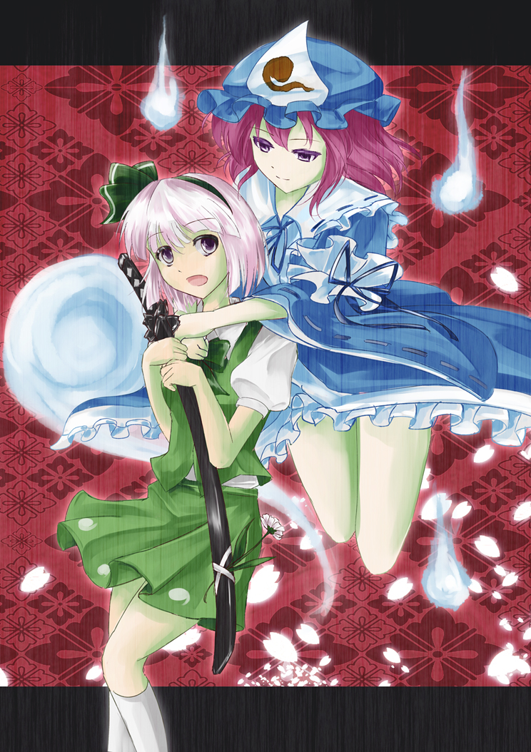 armband checkered checkered_background cherry_blossoms floating flower hair_ribbon hat hitodama hug hug_from_behind japanese_clothes katana kimono kneehighs konpaku_youmu konpaku_youmu_(ghost) kz_nagomiya legs_up letterboxed light_smile looking_at_another looking_at_viewer mob_cap multicolored_hair multiple_girls open_mouth pink_eyes pink_hair puffy_short_sleeves puffy_sleeves purple_eyes red_background ribbon saigyouji_yuyuko short_sleeves skirt skirt_set sword touhou triangular_headpiece two-tone_hair weapon