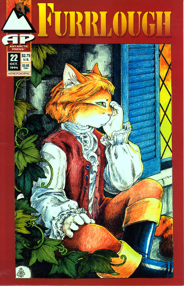 blouse boots buttons cat comic cover cravat english_text feline fur furrlough green_eyes green_sclera hand_on_face hand_on_thigh here_comes_a_candle knee_boots lace male mammal mary_hanson-roberts orange_fur outside ringed_tail ruffles sad shutters solo text vest vine white_fur window