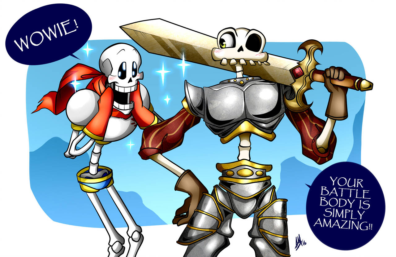 armor blush bone humor medievil_(game) melee_weapon papyrus_(undertale) scarf sir_daniel_fortesque skeleton smudgeandfrank sparkles sword undertale video_games weapon