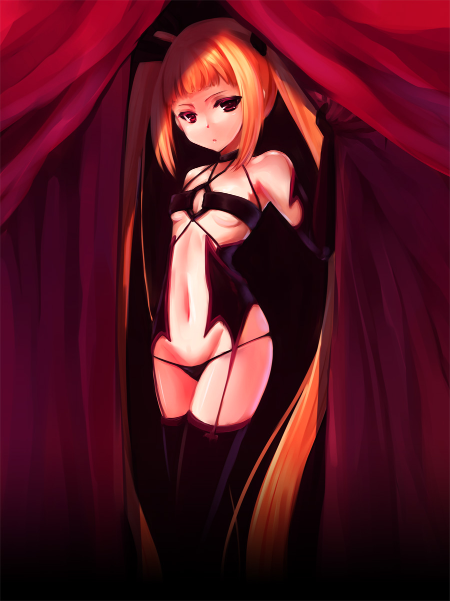 black_legwear blazblue blonde_hair breasts choker curtains elbow_gloves garter_straps gloves highres long_hair rachel_alucard re-so red_eyes small_breasts solo thighhighs twintails underboob