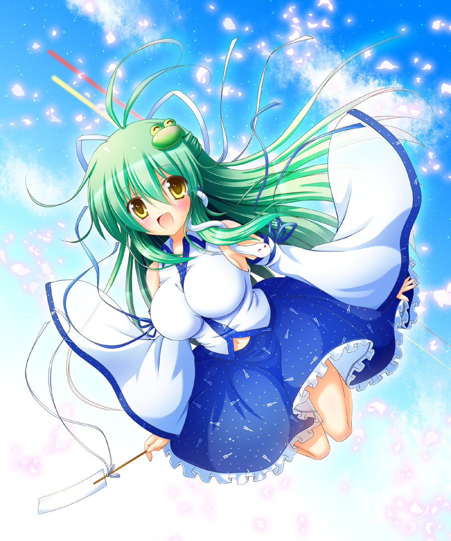 ^_^ bare_shoulders blue_sky blush breasts closed_eyes cloud detached_sleeves expressive_clothes flying frog_hair_ornament gohei green_hair hair_ornament kochiya_sanae large_breasts long_hair long_sleeves looking_at_viewer navel one_eye_closed open_mouth osashin_(osada) petals skirt skirt_set sky smile snake_hair_ornament solo touhou upper_body very_long_hair wide_sleeves yellow_eyes