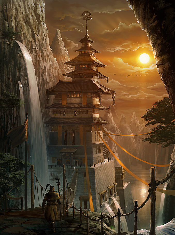 architecture baggy_pants banner bird castle cloud east_asian_architecture flag high_ponytail lake mountain noba outdoors pagoda pants pixiv_fantasia pixiv_fantasia_new_world rope_bridge scenery solo staff sun sunset tree water waterfall