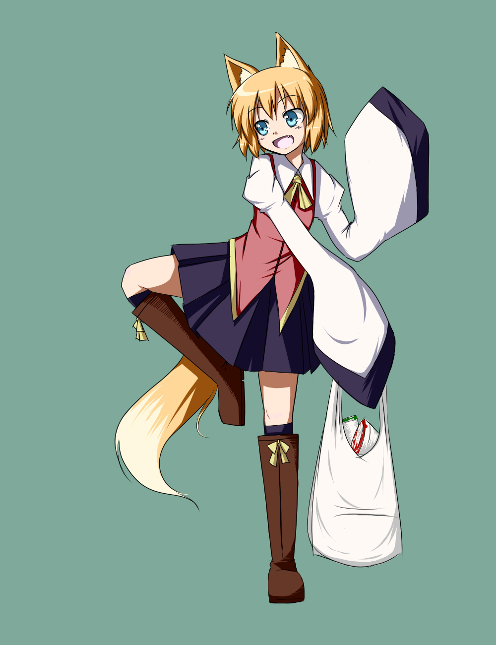 animal_ears bag blonde_hair blue_eyes boots fang flat_chest fox_ears fox_tail full_body highres inada_(masu_shu) kitsune knee_boots long_sleeves masu_shu open_mouth original shopping_bag short_hair simple_background skirt smile solo standing standing_on_one_leg tail wide_sleeves