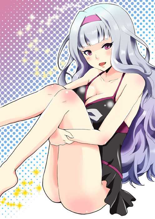 barefoot breasts casual_one-piece_swimsuit cleavage hairband idolmaster idolmaster_(classic) large_breasts leg_hug legs long_hair looking_at_viewer one-piece_swimsuit open_mouth purple_eyes shijou_takane smile solo swimsuit tak1780106 thighs very_long_hair