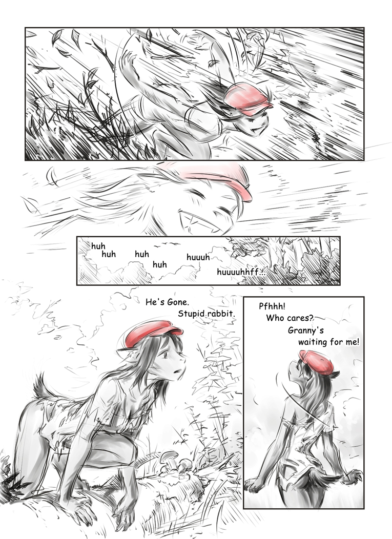 canine clothing comic comic_sans dialog english_text eyes_closed female forest hat human little_red_riding_hood mammal mushroom red_hat text torn_clothing transformation tree wolf