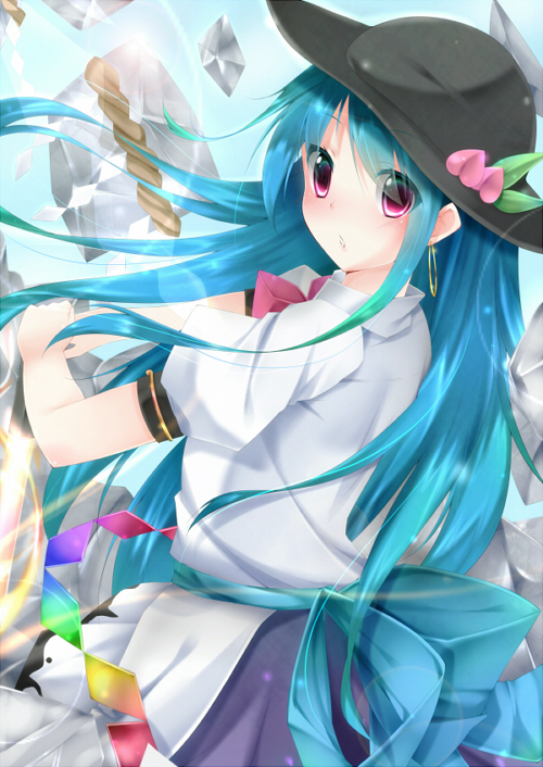 alza bad_id bad_pixiv_id blue_hair hat hinanawi_tenshi long_hair looking_back red_eyes solo sword_of_hisou touhou very_long_hair
