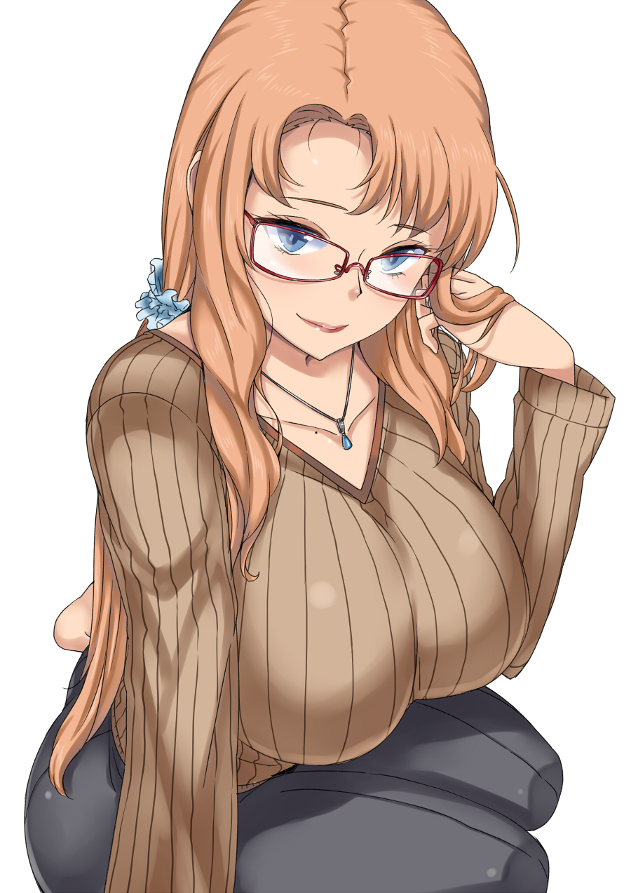 blue_eyes breasts brown_hair glasses highres huge_breasts jewelry komusou_(jinrikisha) long_hair mole mole_on_body necklace older original ribbed_sweater ring simple_background sitting smile solo sweater white_background