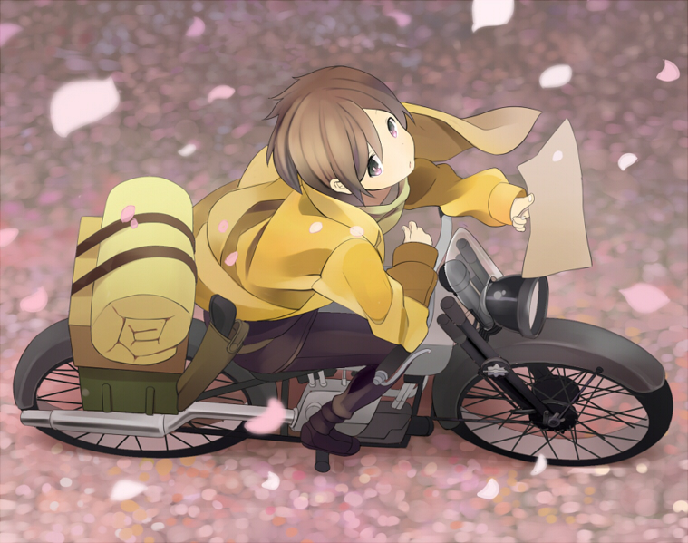 androgynous cherry_blossoms danchi_(pomechize) ground_vehicle hermes kino kino_no_tabi looking_up motor_vehicle motorcycle paper petals reverse_trap short_hair
