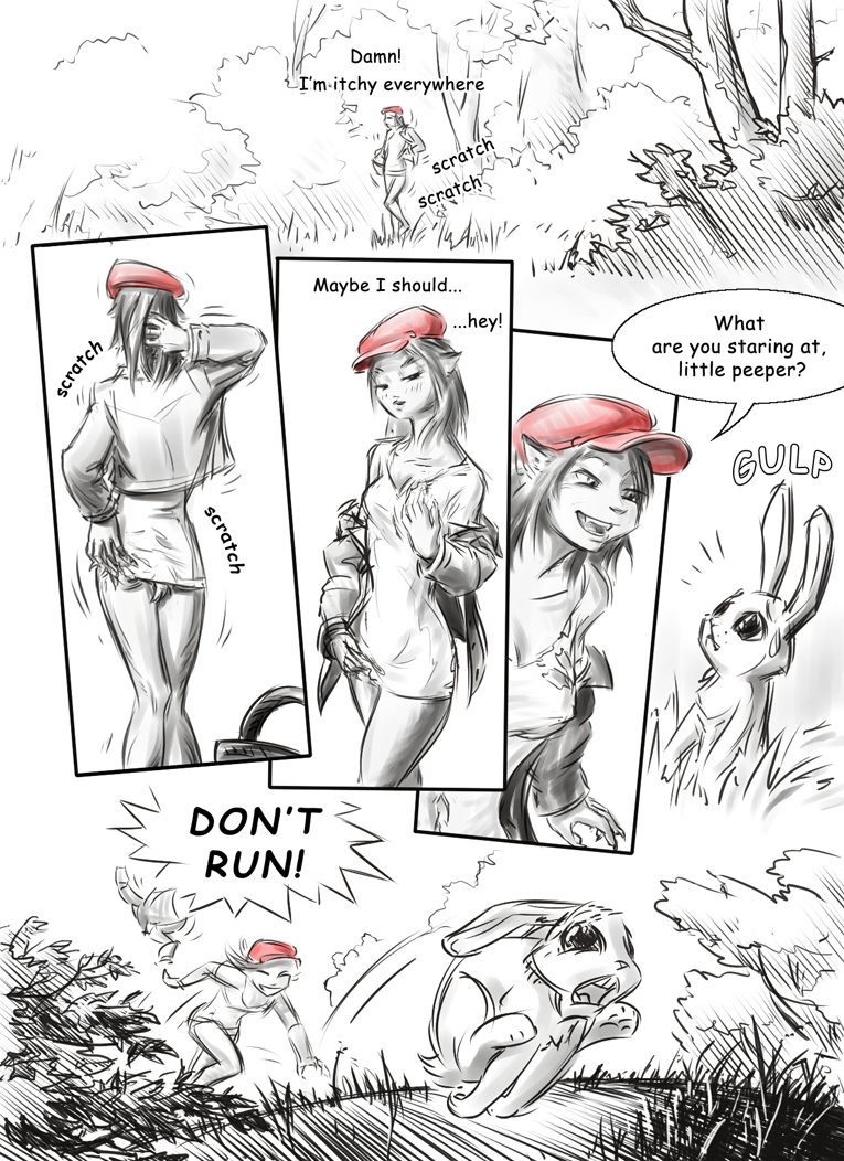 ambiguous_gender basket canine clothing comic comic_sans dialog english_text female forest hat human lagomorph little_red_riding_hood mammal rabbit red_hat text transformation tree wolf
