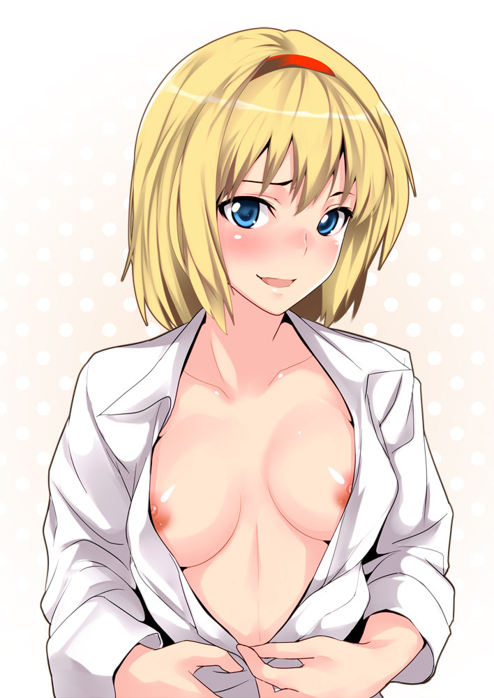 alice_margatroid blonde_hair blue_eyes blush breasts dress_shirt hairband k2isu looking_at_viewer medium_breasts nipples no_bra open_clothes open_mouth open_shirt polka_dot polka_dot_background shirt short_hair smile solo touhou undressing upper_body