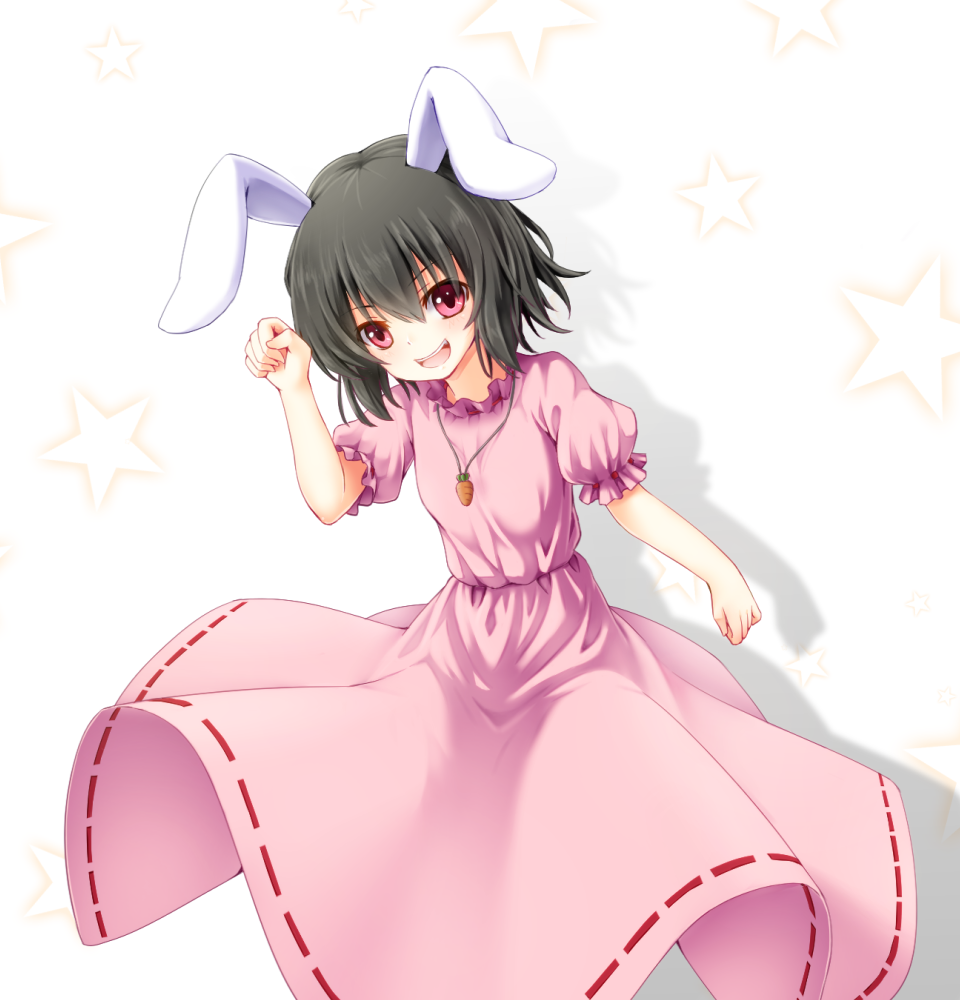 40cabbage animal_ears black_hair bunny_ears carrot carrot_necklace dress inaba_tewi jewelry necklace open_mouth pendant red_eyes short_hair solo star touhou