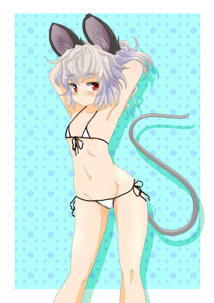 animal_ears armpits arms_behind_head arms_up bikini blush collarbone grey_hair ishikkoro mouse_ears mouse_tail navel nazrin pose red_eyes side-tie_bikini solo swimsuit tail touhou