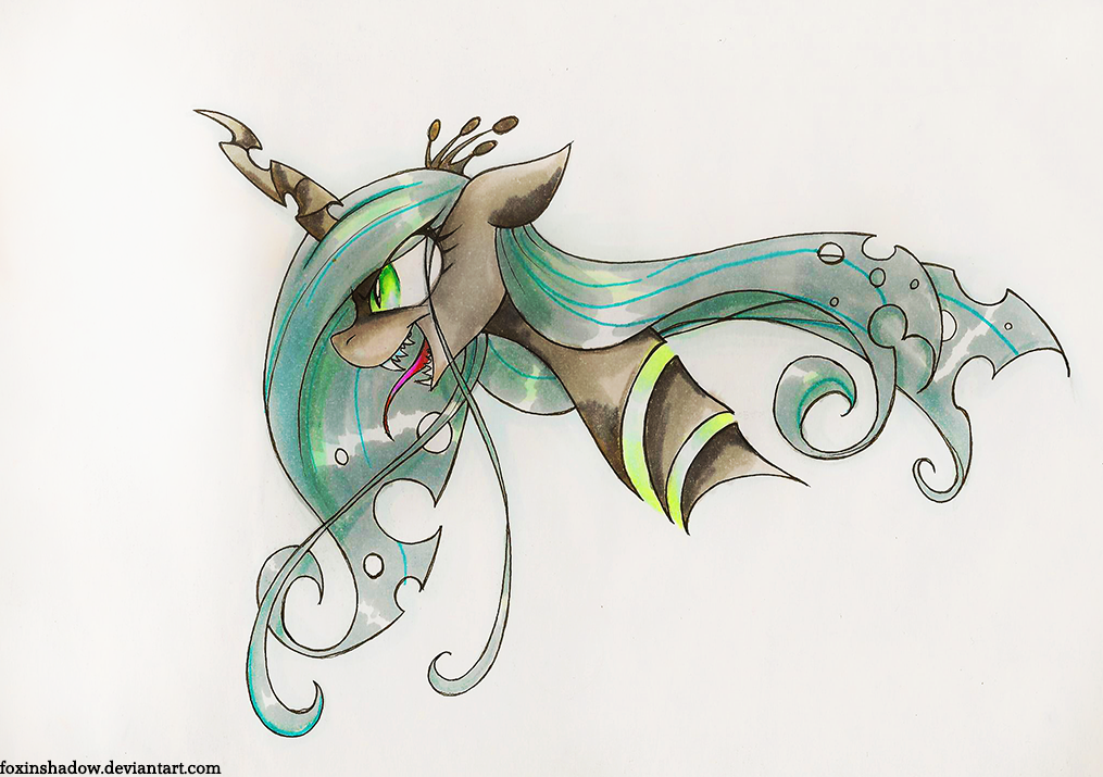 cat_eyes changeling fangs female foxinshadow friendship_is_magic green_eyes green_hair hair holes horn long_hair my_little_pony plain_background queen_chrysalis_(mlp) slit_pupils solo tongue tongue_out white_background zero-sum