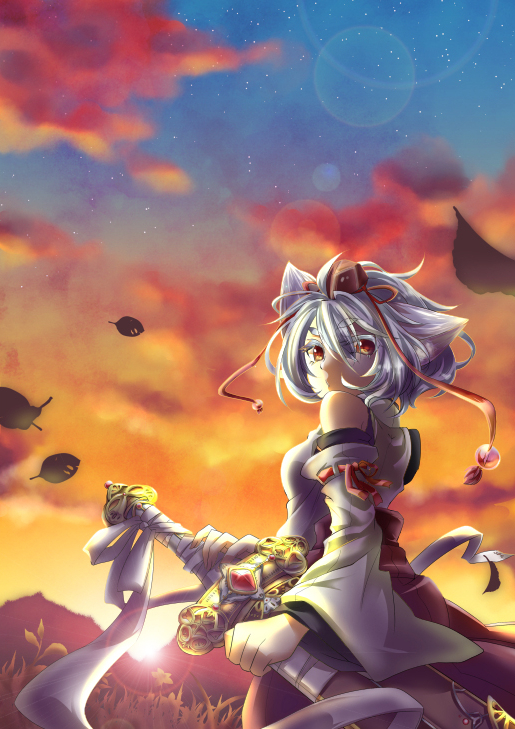 animal_ears cloud detached_sleeves eyebrows eyelashes flower grass hand_on_hilt hat inubashiri_momiji kouho_(matya03) leaf lens_flare looking_at_viewer looking_back mountain outdoors pom_pom_(clothes) red_eyes sheath sheathed short_hair skirt sky solo star_(sky) starry_sky sunset sword tokin_hat touhou vest weapon white_hair wind wolf_ears