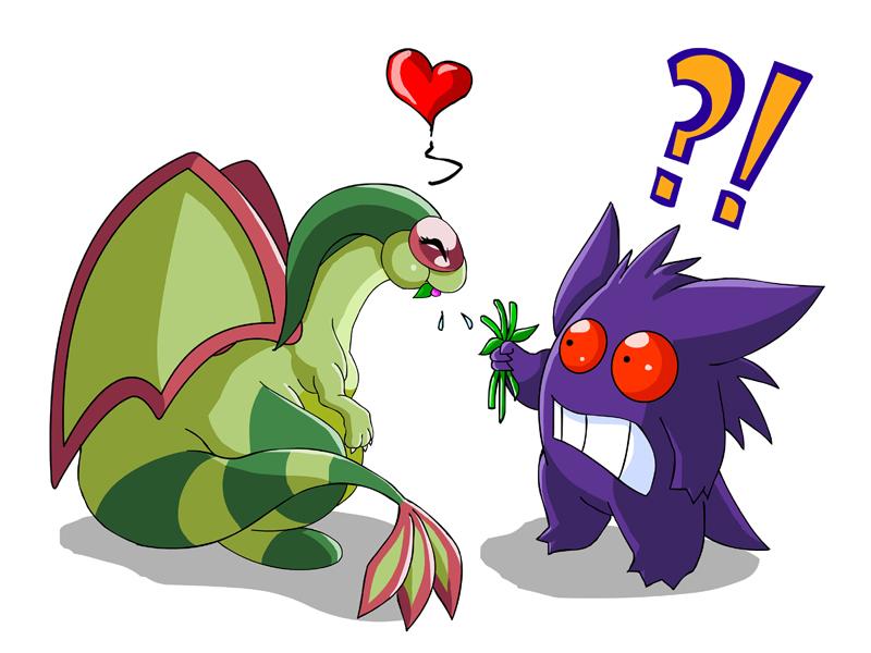 &lt;3 ambiguous_gender breasts claws dragon eating eyes eyes_closed flower flygon food gengar hindpaw nintendo overweight pawpads paws plain_background pok&eacute;mon red_eyes toes video_games white_background wings