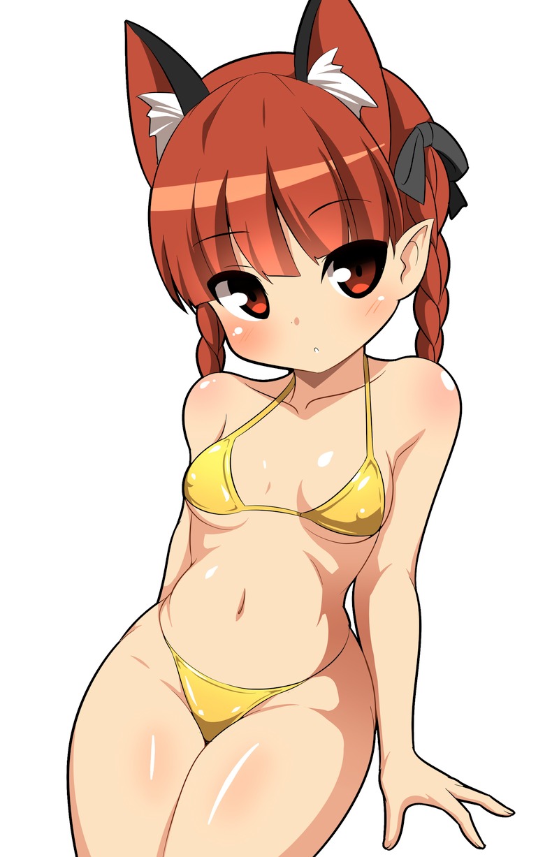 animal_ears bikini blush braid breasts cat_ears covered_nipples extra_ears hair_ribbon highres kaenbyou_rin kyokutou_hentai_samurai long_hair looking_at_viewer medium_breasts navel plump pointy_ears red_eyes red_hair revision ribbon simple_background solo swimsuit touhou twin_braids twintails white_background yellow_bikini